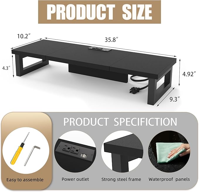 WESTREE Dual Monitor Stand Riser with Power Outlet, Computer Monitor Stand Riser for 1~2 Monitors, Multi-Purpose Desktop Organizer Riser for Computer,Laptop,Printer,TV