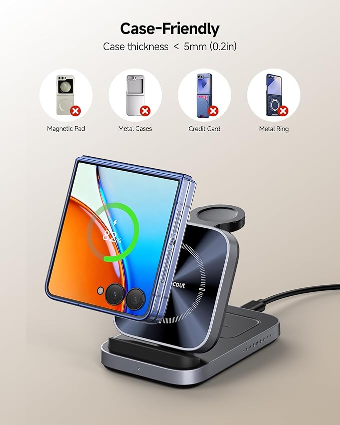 SwanScout Wireless Charger for Samsung Z Flip 7/7 FE/6/5/4/3, 3-in-1 Charging Station for Galaxy Watch 8 Classic/8/Ultra/7/FE/6/5/4, SwanScout 713F (NO Adapter)