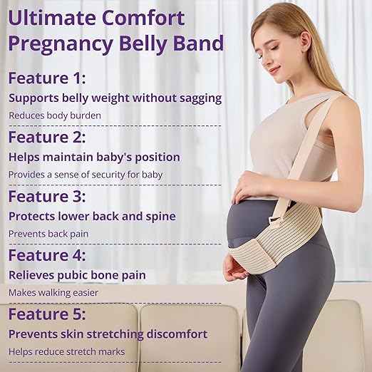 Maternity Belly Band with Back Support – Over-the-Shoulder Pregnancy Support Belt with Lumbar Support, Breathable Mesh Design, Strong Adjustable Hook & Loop Straps, No Digging Comfort for All-Day Wear (Beige-Pro, Large（154-187LB）)