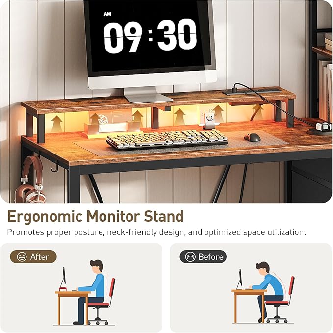 RALGEND Computer Desk with Shelves and Drawers, 43.3 Inch Gaming Desk with Charging Station and LED Lights, Desk Workstation with Monitor Stand and Storage for Home Office, Rustic Brown