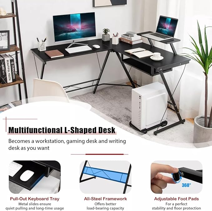 Office Gaming Corner Desk with Keyboard Tray and CPU Stand,Glass L Shaped Computer Home Desk,3-Piece PC Laptop Study Writing Workstation Table by XXFBag - Black