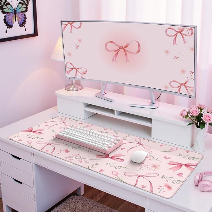 iCasso Pink Desk Mat,Cute Desk Pad for Women,Girly Bow Mousepad with Stitched Edges,Non-Slip Large Computer Mat for Study Gaming Home Office