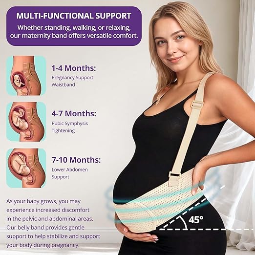 Maternity Belly Band with Back Support – Over-the-Shoulder Pregnancy Support Belt with Lumbar Support, Breathable Mesh Design, Strong Adjustable Hook & Loop Straps, No Digging Comfort for All-Day Wear (Beige, Large（154-187LB）)