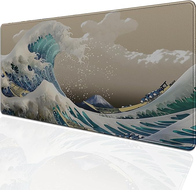 Japanese Wave Large Gaming Mouse Pad Desk Pad, 27.5x11.8in The Great Wave Off Kanagawa Extended Desk Mat with Stitched Edges, Non-Slip Waterproof Rubber Base for Office, Computer & Laptop