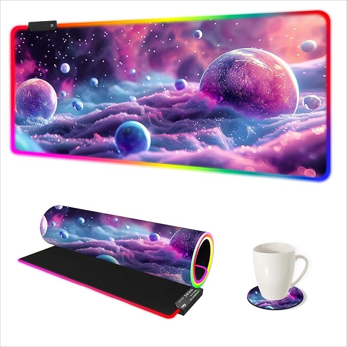 ARTSO Large RGB Gaming Mouse Pad, Led Big Mouse mat with 14 Light Modes, Extended Soft Computer Keyboard Mat Non-Slip Rubber Base, Colorful Purple Ball