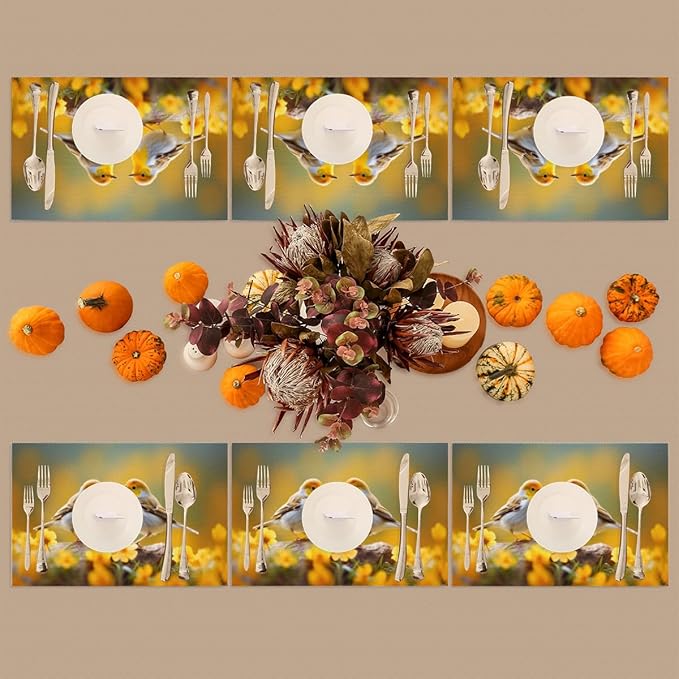 Placemats Set of 4 Heat-Resistant Rectangle Place Mats Cute Bird Yellow Washable Plastic PVC Dining Table Mat Non-Slip Wipeable Woven Vinyl Placemat for Kitchen Patio Table Decor
