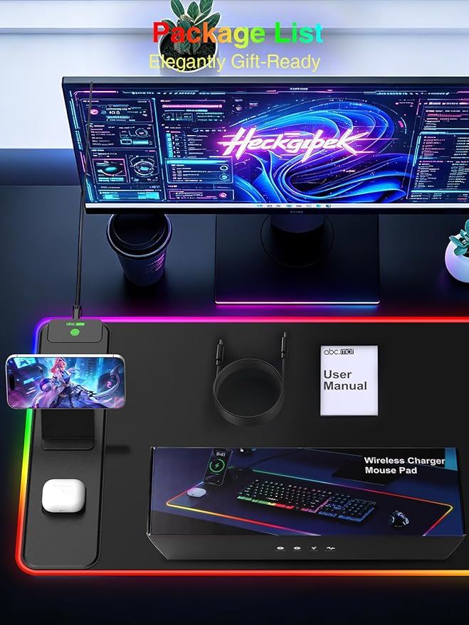4-in-1 RGB Gaming Mouse Pad with Magnetic Wireless Charging & Phone Stand, 31.5"x15.8" Large, 24 Light Effects, Non-Slip Base, Waterproof Ultra-Smooth Surface, No Adatper