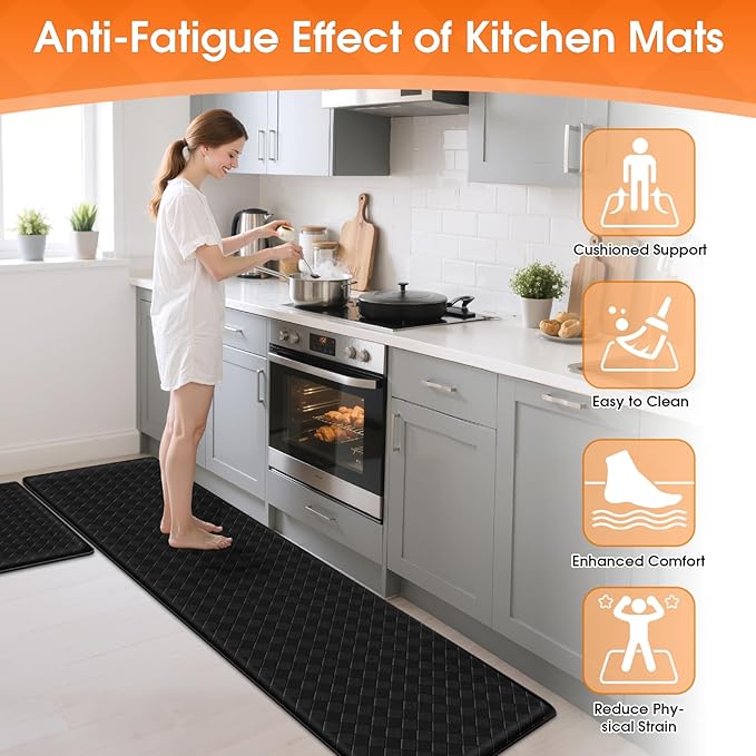TranquilRelax 4/5 Inch Thick Anti-Fatigue Kitchen Mats 2Pcs, Cushioned Non-Slip Waterproof Sink & Stove Floor Mats, Comfortable Standing Rug Set for Kitchen, Laundry & Entryway, Black