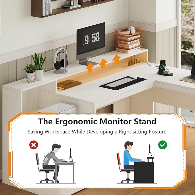 YOMILUVE 63" Farmhouse L Shaped Executive Desk with Drawers & Storage Shelf, Corner Computer Desk with Power Outlets, L Shaped Office Desk with Monitor Stand, Printer Shelf, White