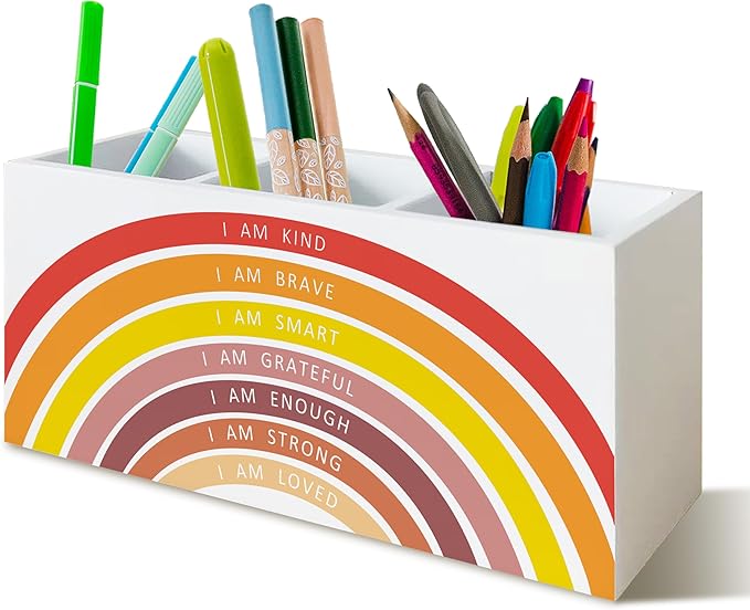 Red Boho Rainbow Positive Affirmations Pen Pencil Holder for School Classroom Office Desk, Book Center Calming Corner Playroom Decor, Inspirational Makeup Brush Toothbrush Holder Organizer