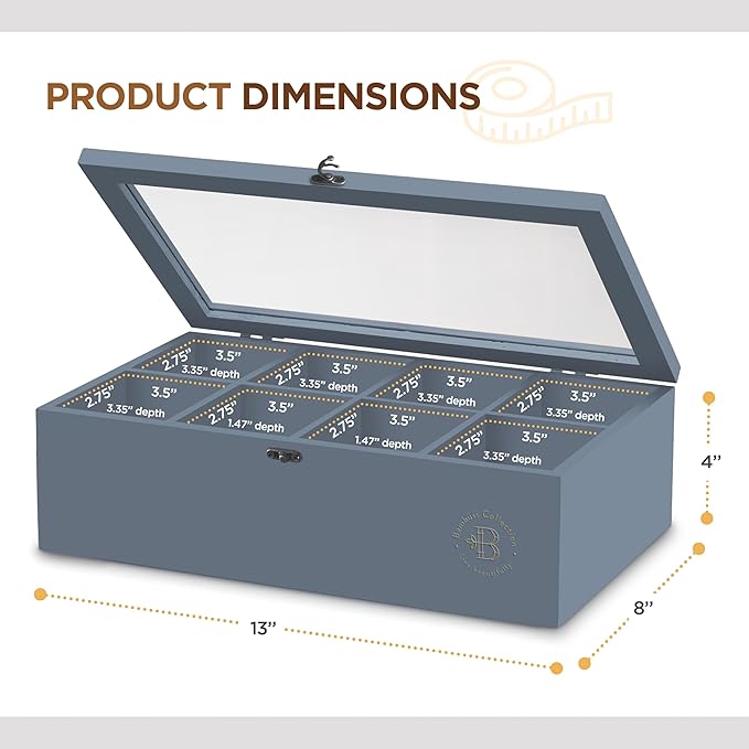 Tea Bag Organizer with Drawer - Gray Bamboo Tea Box Organizer, 8-Compartment Tea Storage Box with Acrylic Lid and Magnetic Closure, Tea Box for Kitchen Counter, Gifts for Mom, Wife, Tea Lovers (Grey)