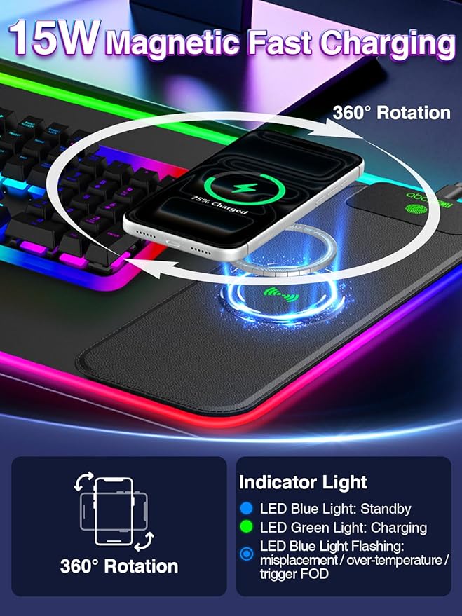 RGB Gaming Mouse Pad with 15W Magnetic Wireless Charger, 31.5'' x 11.8'' Large LED Desk Mat, 24 Lighting Effects Keyboard Pad with Non-Slip Rubber Base, Waterproof Ultra-Smooth Surface