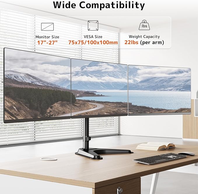 Triple Monitor Stand, Full Motion Adjustable Arm Fits 3 Screens up to 27 inch, Free Standing Desk Stand with Base and Cable Management, 22 lbs Weight Capacity per Arm, 75/100 mm VESA, Black