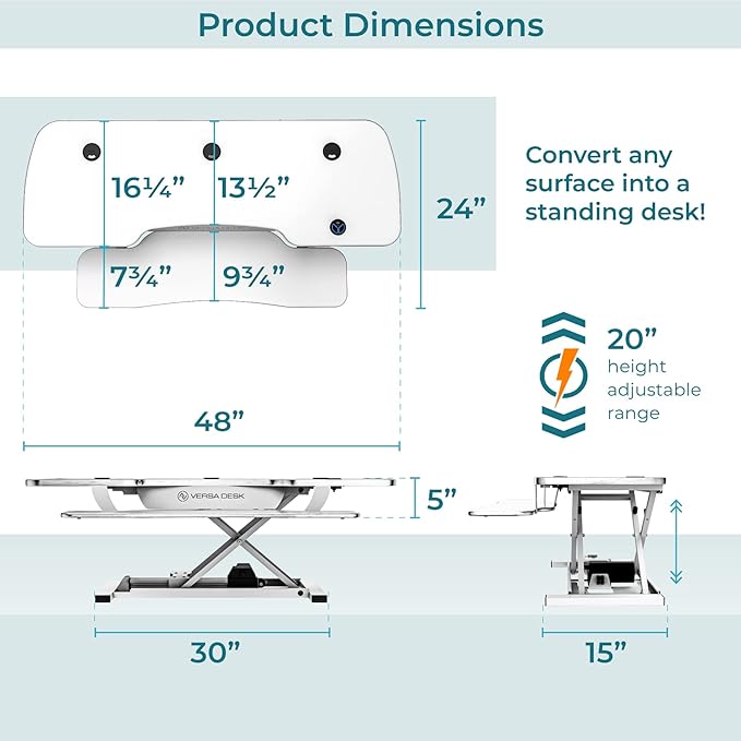 VERSADESK PowerPro 48 Inch Electric Standing Desk Converter – Push-Button Height Adjustable Sit to Stand Desk Riser for Multiple Monitors – Motorized Desktop Workstation with Wide Keyboard Tray, White