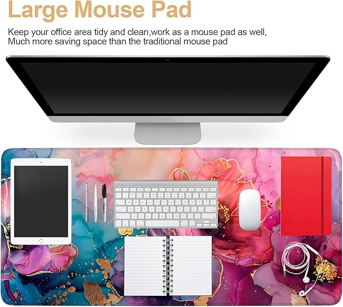 Large Mouse Pad, Floral Ink Desk Mat, Extended Gaming Mouse Pad with Non-Slip Rubber Base, Thick 3mm Smooth Surface Keyboard Mat for Office & Home，35.5 x 15.8 in