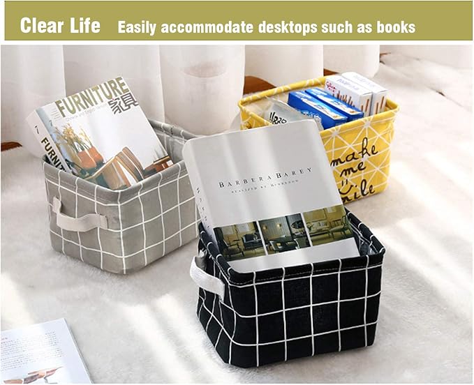 AARAINBOW 3 Packs Storage Basket Bins Canvas Mini Storage Cubes Storage Basket for Makeup, Toys Liners, Books Storage Baskets with Handles for Shelves & Desks(3 Gray)