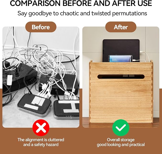KIRIGEN WiFi Router Storage Box, Wooden Cable Management Box with 3-Tier Shelf, Modem and Power Strip Organizer for Desk, TV Stand, Home Office, Living Room, Natural LYQ-NA