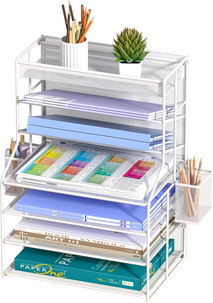 White 7 Tier Desktop File Organizer, Letter Tray Paper Organizer with Pen Holder and Metal Hanging Basket, Adjustable Vertical Desk Organizer for Office Desk Accessories