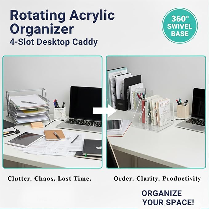 LIYAOLI Acrylic File Organizer with 4 Vertical Compartments, 360° Rotating Vertical Desk Organizer for Books, Folders, Magazines, Compact Clear Book Stand & Binder Holder for Office Desk Storage