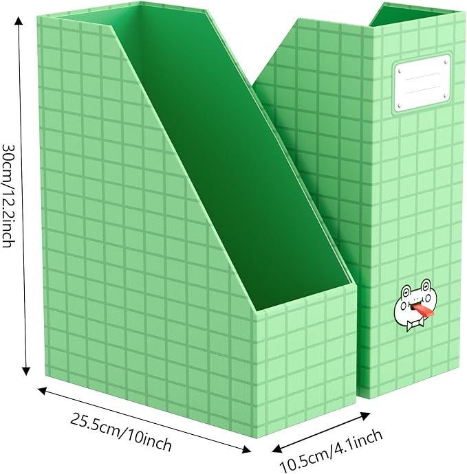 JiaWei Magazine File Holder Foldable Storage Boxes for Documents - Set of 2 Cardboard Magazine Rack Made of 2150 g/m² 10.5 cm Wide，Desk Organizer for Classroom, Home, and Office - Green