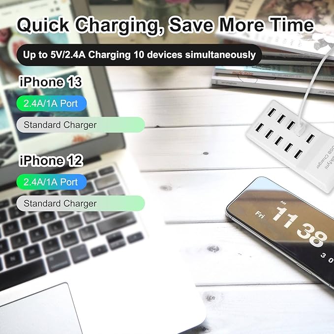 Puikfni 10-Port USB Charger Station with Rapid Charging Auto Detect Technology Safety Guaranteed, 10-Type A Ports Smart for Multiple Devices Phone Tablet Laptop Computer (White)