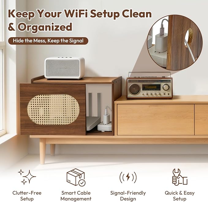 Wooden Wi-Fi Router Box Hider, Rattan Tabletop Cable Management Cabinet to Hide Modem & Cords, Fits Routers up to 11" H, Easy Assembly, 16"x10.4"x12"