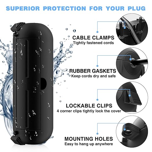 Flemoon [6 Pack] Outdoor Extension Cord Safety Cover with Waterproof Seal, Weatherproof Electrical Connection Box to Protect Outdoor Outlet, Plug, Socket, Christmas Holiday Decoration Light, Black