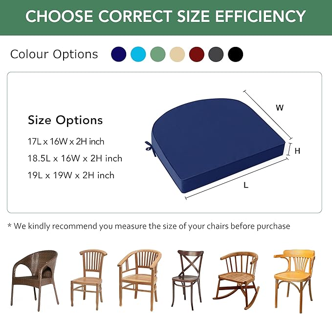 Outdoor Chair Cushions Set of 2: Waterproof & Fade Resistant Patio Furniture Cushions - 19 x 19 x 2 Inch Non Slip Round Corner Seat Cushion Pads with Removable Cover for Garden Yard Lawn, Navy Blue