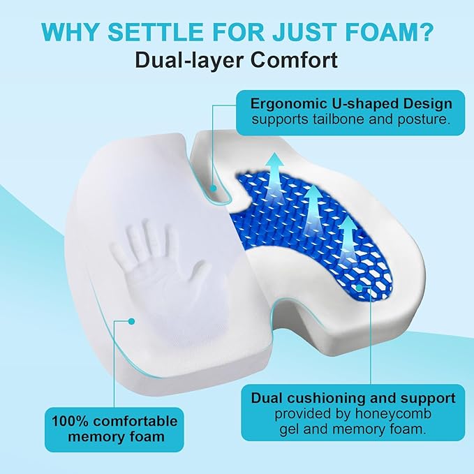 Car Seat Cushion - Premium Gel & Memory Foam Office Chair Cushions for Back,Sciatica,Coccyx,Tailbone Pain Relief, Driver Pillow for Auto, Gaming,Desk, Wheelchair,Truck (Black)