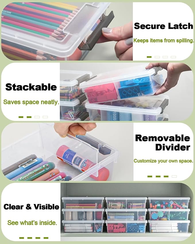 6 Pack Extra Large Pencil Box with Removable Divider, Thickened Pencil Case Bulk, Clear Crayon Marker Organizer Stackable Plastic Small Storage Containers for Pen Craft School Supplies(Grey)