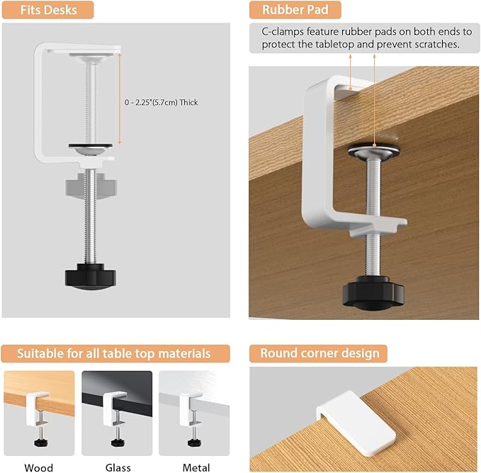 Syeeiex Cable Management with No-Drill C-Clamp & Screw Mount, 17'' Metal Under Desk Cord Organizer, Under Desk Cable Management Tray for Office/Home workspace (White, Set of 2)