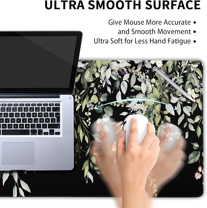 Green XXL Sage Green Leaves Gaming Mouse Pad 35.4"X15.7" Wildflower Extended Keyboard Mat Non-Slip Rubber Base Stitched Edge Full Desk Mouse Pad for Home & Office