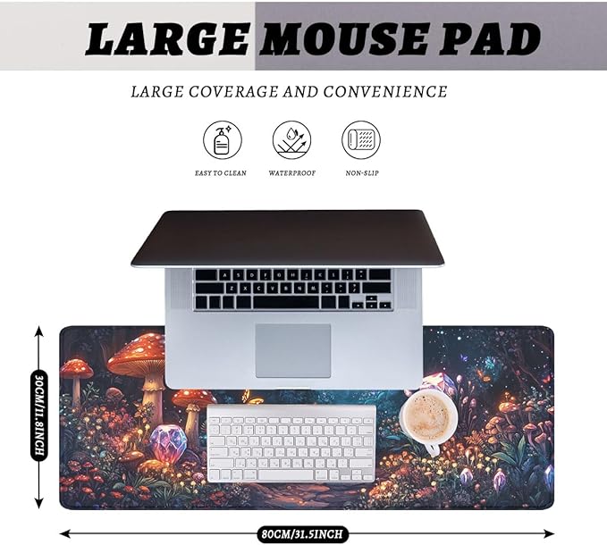 Mushrooms Mouse Pad Fantasy Crystal Butterflies Flowers Large Gaming Mouse Mat with Stitched Edges,Non-Slip Waterproof Rubber Base Mous Mat 31.5x11.8 in