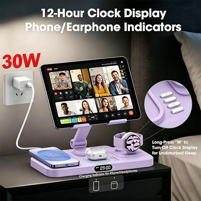 30W Tablet Wireless Charger for Samsung, Foldable Android Charging Station with Clock Display with 7-Color Light, Wireless Watch Charger for S25, Only Compatible Samsung Watch, Galaxy Buds3 Pro(Purple
