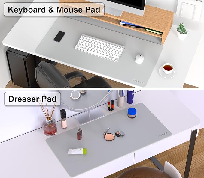 MoKo Desk Mat, Dual-Sided Office Desk Pad Waterproof, Large Protector Mouse Pad for Keyboard and Mouse, Leather Desk Writing Pad Large for Office/Home/Decor, 31.5''x15.7', Light Gray+Silver