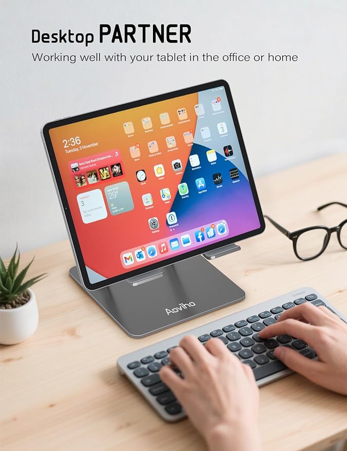 Aoviho Adjustable Tablet Stand Holder for Desk, Desktop Tablet Holder, Foldable Aluminum Tablet Mount for iPad pro 12.9, iPad Air Mini, Samsung Galaxy Tabs Z Fold Kindle Fire,4-12 inch, Grey