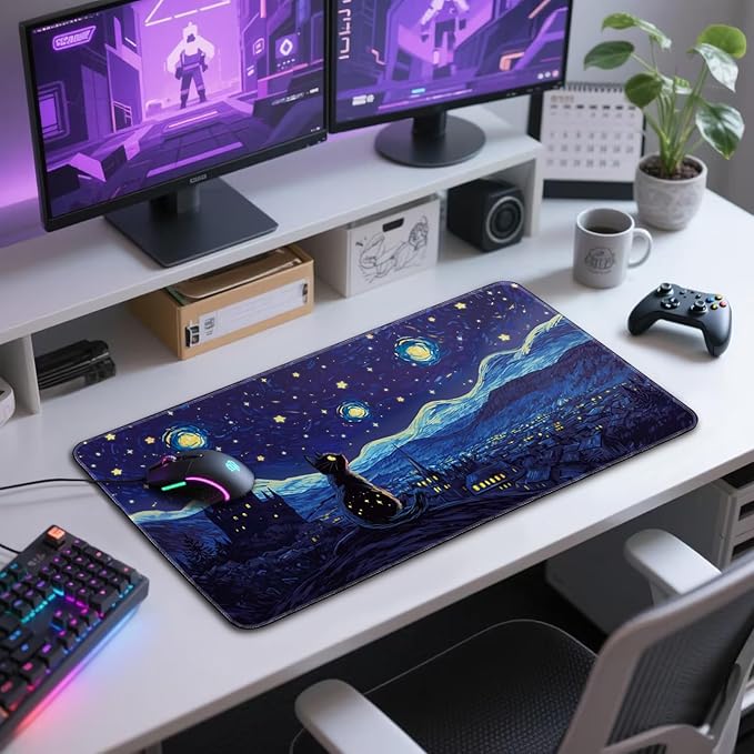 Starry Night Cat Large Mouse Pad, 31.5"x15.7" Desk Mat, Anti-Slip Rubber Base Keyboard Pad with Stitched Edges, Water-Resistant Smooth Desk Blotter, Computer Mat for Home Office Desk