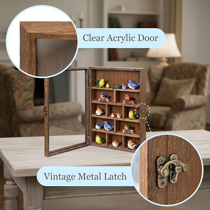 Ikee Design 3 Pcs Set Wall-Mounted Wooden Shadow Cubby Box Display Shelf with 24 Compartments with Door Storage Display Case for Collectibles, Trinkets, Mini Figures, Brown Color