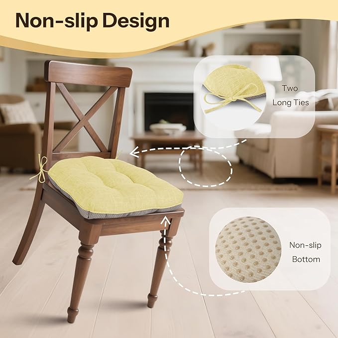 Non Slip Chair Cushions for Dining Chairs Set of 4 Kitchen Chair Cushions 18"x18"x3" Turfted Chair Pads Comfortable and Soft Seat Cushion with Ties, Yellow