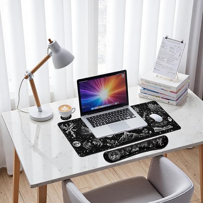 Dark Fantasy Desk Mat Set Magic Gothic Celestial Emblem Large Mouse Pad with Wrist Rest 4in1 Desk Mat for Desktop Ergonomic Computer Desk Arm Wrist Anti-Slip Computer Mouse Pad Home Office Gaming