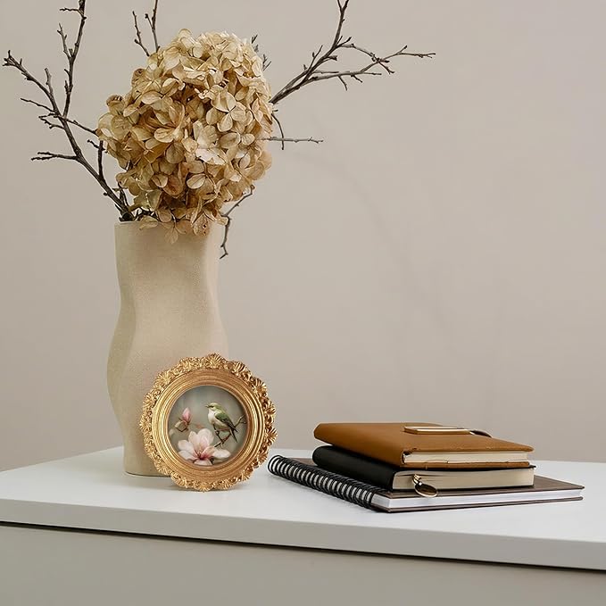Small Vintage Bird Spring Round Picture Frame Wall Decor, Pink Flower Gold Mini Ornate Photo Frame for TableTop Desk 2.7in Photo,Rustic Farmhouse Framed Artwork for Walls Office Bedroom Shelf