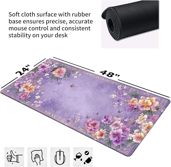 Extra Large Floral Mouse Pad‌ 48" x 24" - Beautiful Flower & Butterfly Design XXXL Desk Mat with Non-Slip Base, Violet Mousepad Comfortable Keyboard Mat for Gaming & Work