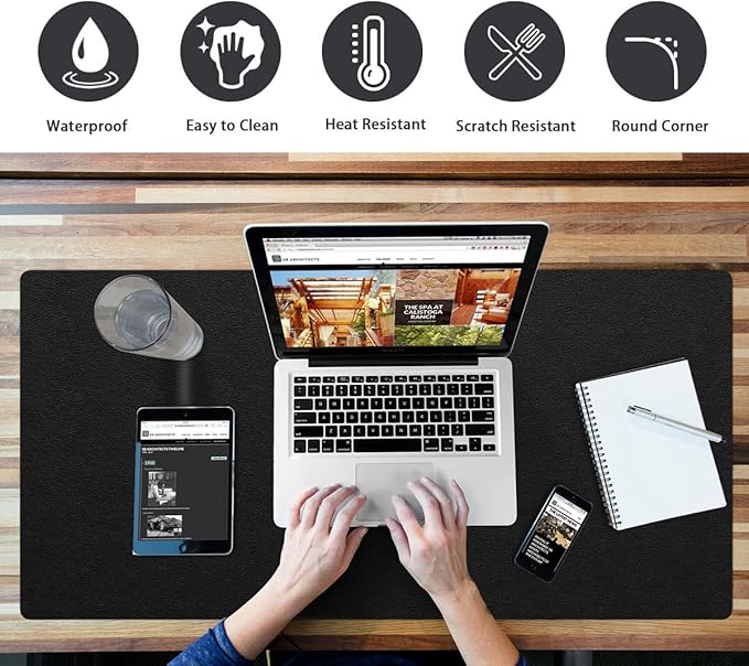 PVC Leather Desk Pad Blotter Ultra Thin Large Mouse Pad Waterproof Laptop Writing Mat Non-Slip Desk Cover Protector (Black, 16" x 32")