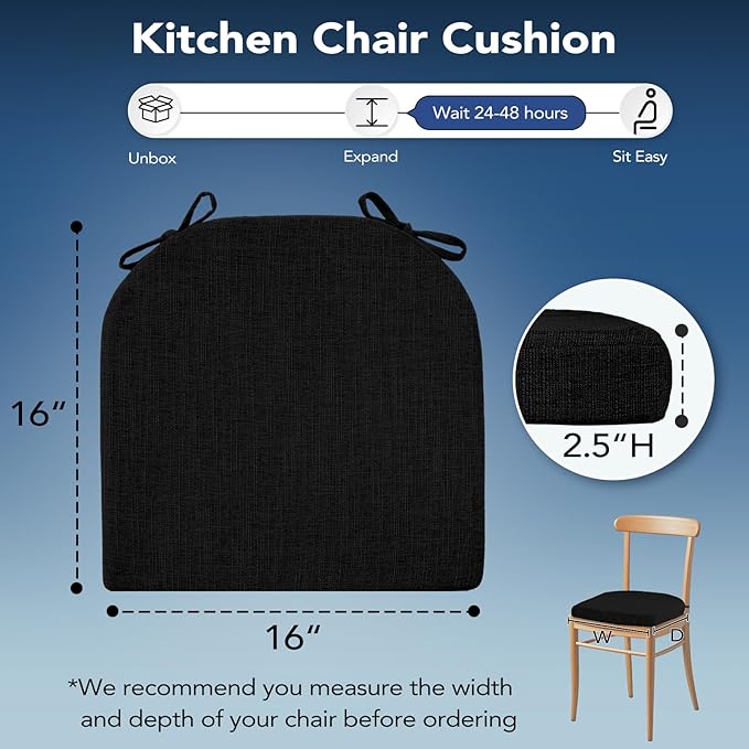 Chair Cushions for Dining Chairs, Non Slip Chair Pads with Ties and Washable Covers, Memory Foam Kitchen Chair Cushions Set of 6, 16"X16"X2.5", Black