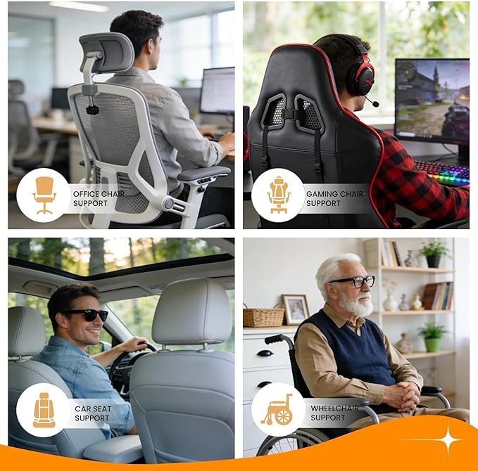 Ergonomic Back Support for Office Chair - Lumbar Pillow for Posture Correction and Lower Back Rest, Adjustable Height, Back Cushion Pad with Straps for Home, Office, Car, Black