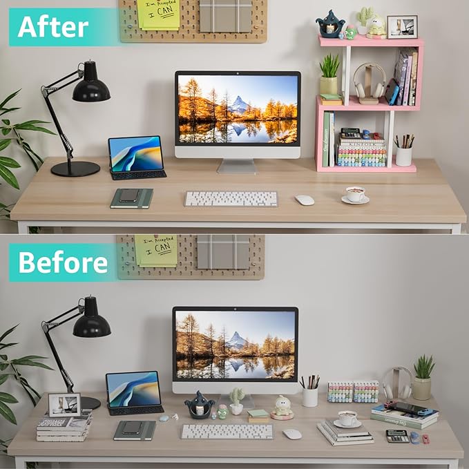 Desktop Bookshelf for Top of Desk Shelf - Pink Book Organizer 3-Tier Shelves Storage Small Bookcase Hutch for Dorm Office College