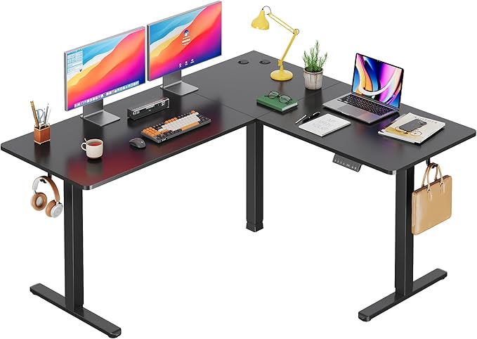 DEVAISE 63 Inch L Shaped Electric Standing Desk, 3 Adjustable Computer Desk for Home Office, Ergonomic Sit to Stand Desk with LED Touchscreen，Headphone Hook, 3 Memory Preset, with Split Top, Maple