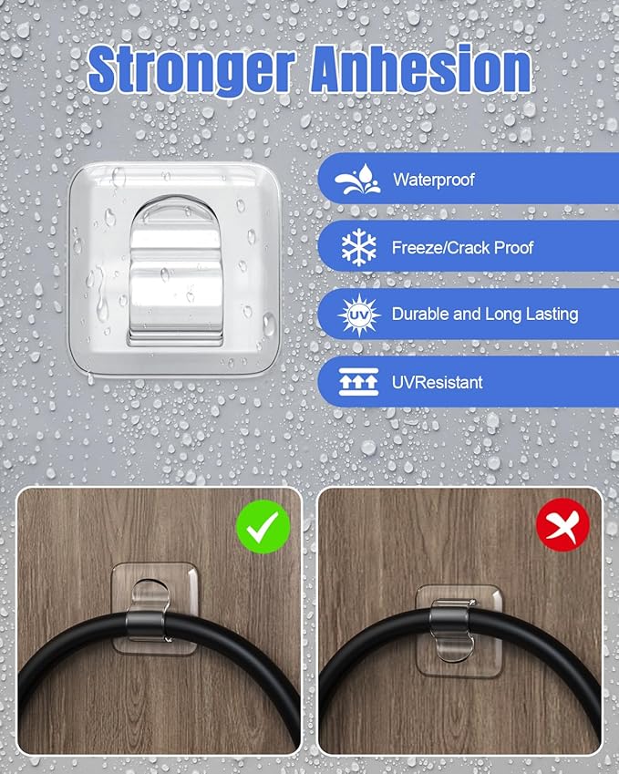LZC Hooks for Outdoor String Lights Clips: 25 Pack Square Clear Large Heavy Duty Light Hook Waterproof Adhesive Strips - Outside Hanging Rope Light Cable Cord Holders Organizer