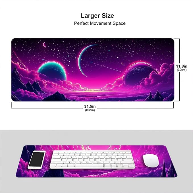 Purple Moon Gaming Mouse Pad Pink Sky Sea Clouds Fog Mountains Extended Gaming Mouse Pad Mat with Stitched Edge Non-Slip Base Big Mouse Pad 31.5"x11.8" Office Computer Keyboard Laptop Home