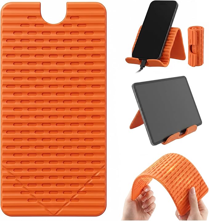 Flexible Silicone Aluminum Phone Holder Tablet Stand with Charging Port Design, Foldable Airplane Laptop/Phone Stand for Home Office Travel (Orange)